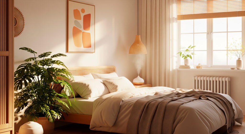 Peaceful bedroom environment with natural elements designed to promote quality sleep for optimal mental clarity