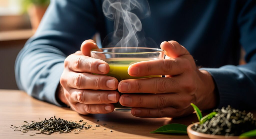 Hands holding green tea cup showing natural way to enhance metabolic rate daily