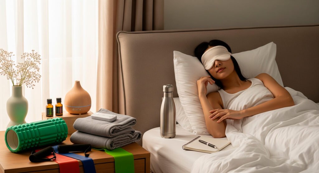Person practicing healthy lifestyle habits including sleep, hydration, and stress management for muscle health