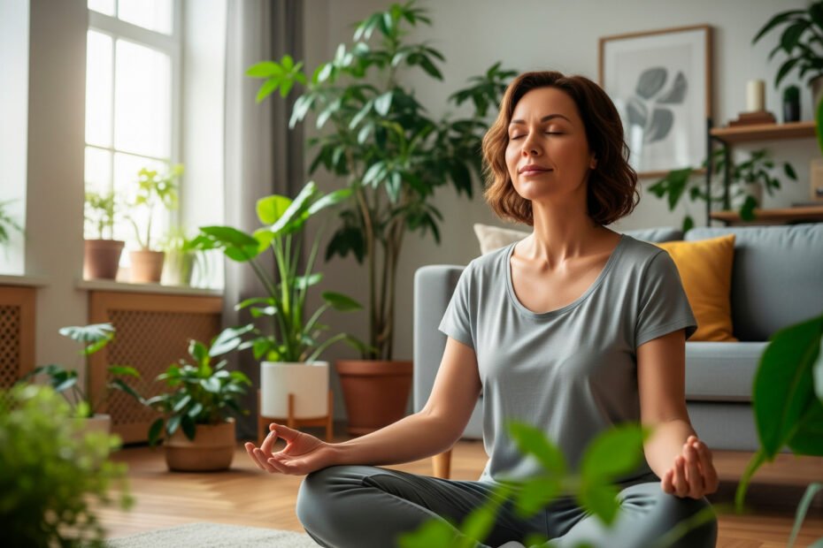 Woman practicing natural anxiety relief through meditation in peaceful home environment