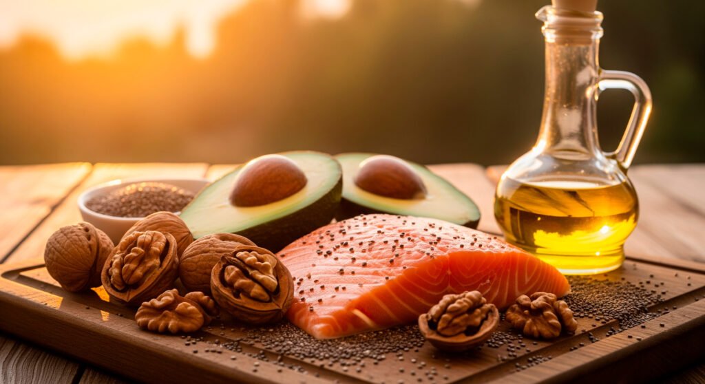 Natural beauty enhancing healthy fats omega-3 foods salmon avocado walnuts arrangement