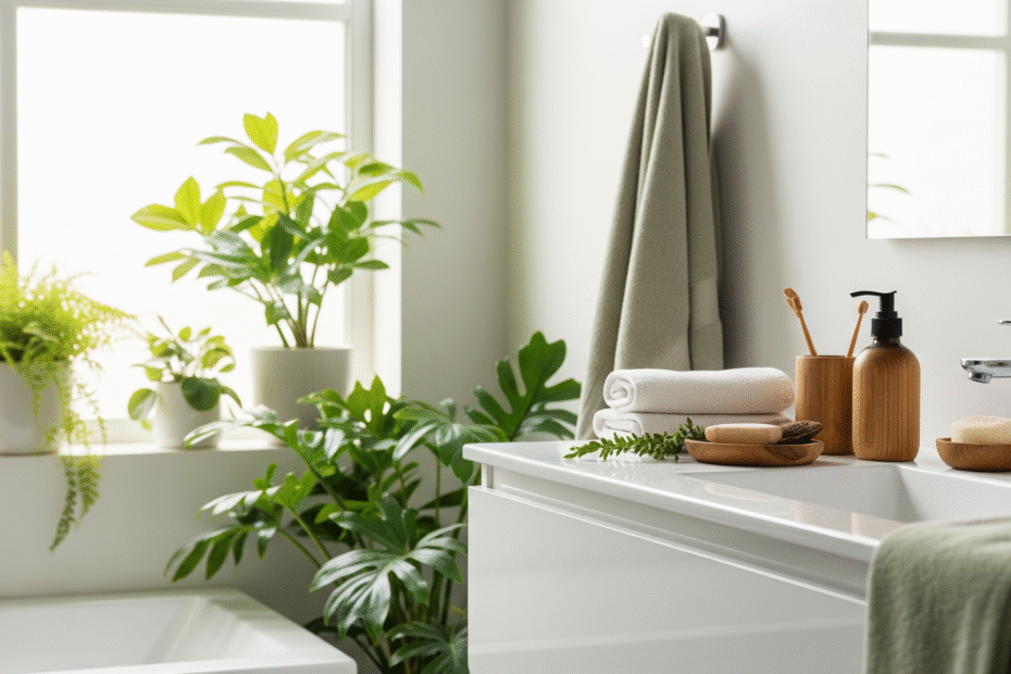 Natural constipation relief bathroom scene with organic wellness products and peaceful atmosphere