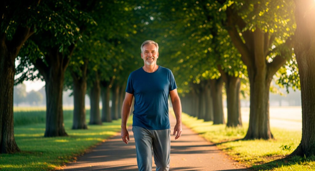 Person walking outdoors as part of natural healing routine after being sick