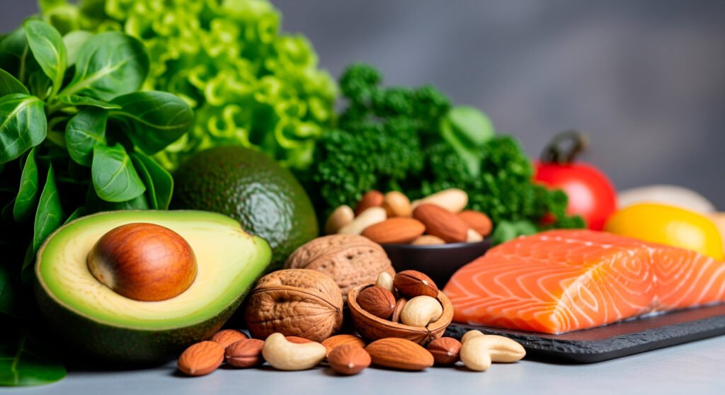 Natural hormone therapy foods including avocados nuts salmon supporting healthy hormone production and balance
