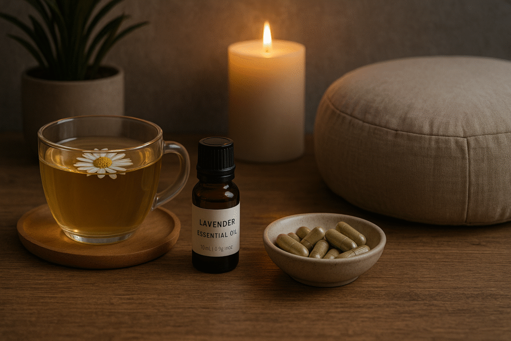 Natural insomnia remedies including herbal tea and aromatherapy oils for better sleep quality