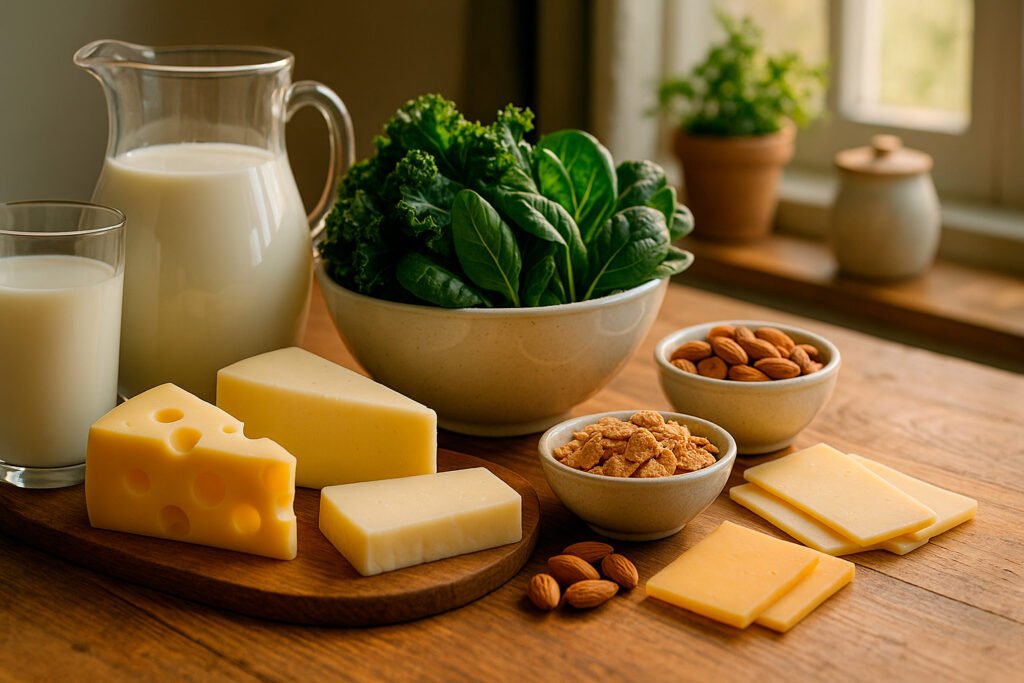 Natural nutrition foods including calcium-rich dairy, leafy greens, and fortified cereals for bone health support