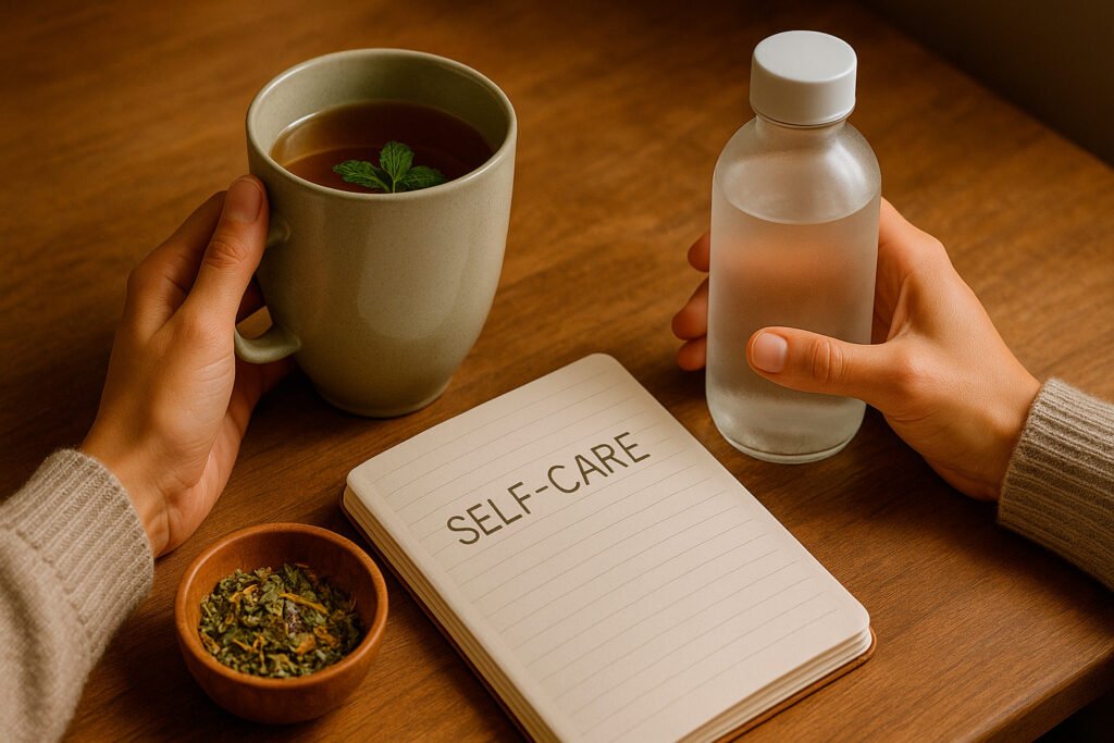 Natural relief remedies including herbal tea and wellness items for menopause