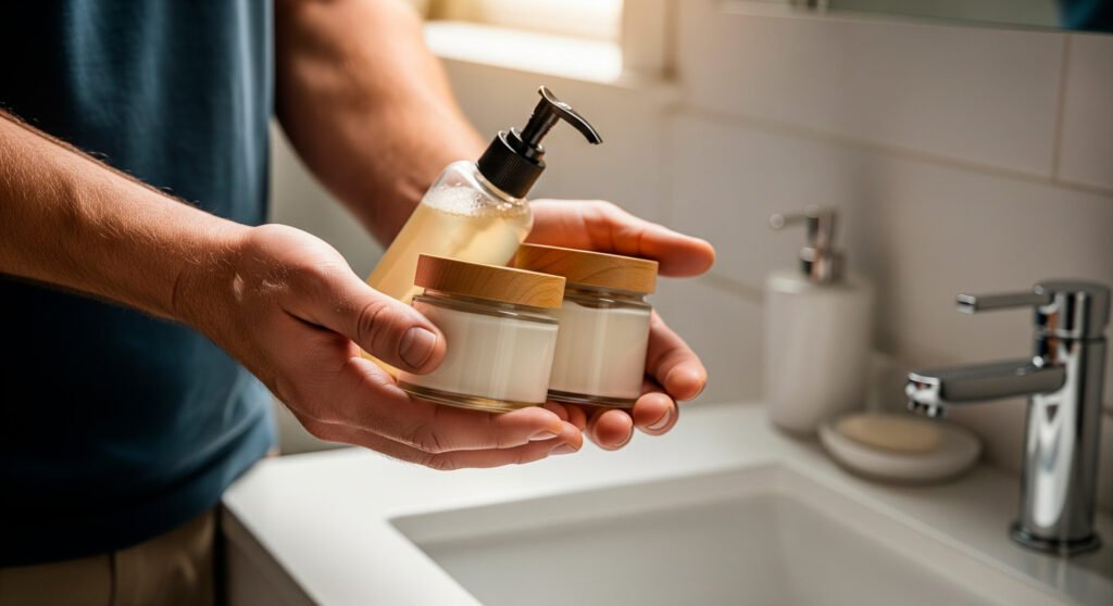 Natural skin care products for men including cleanser and moisturizer on bathroom counter