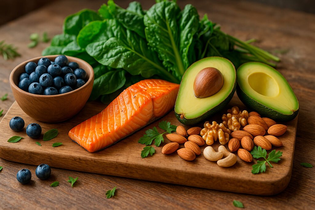 Colorful array of natural vitality superfoods including salmon avocados and berries for healthy aging nutrition