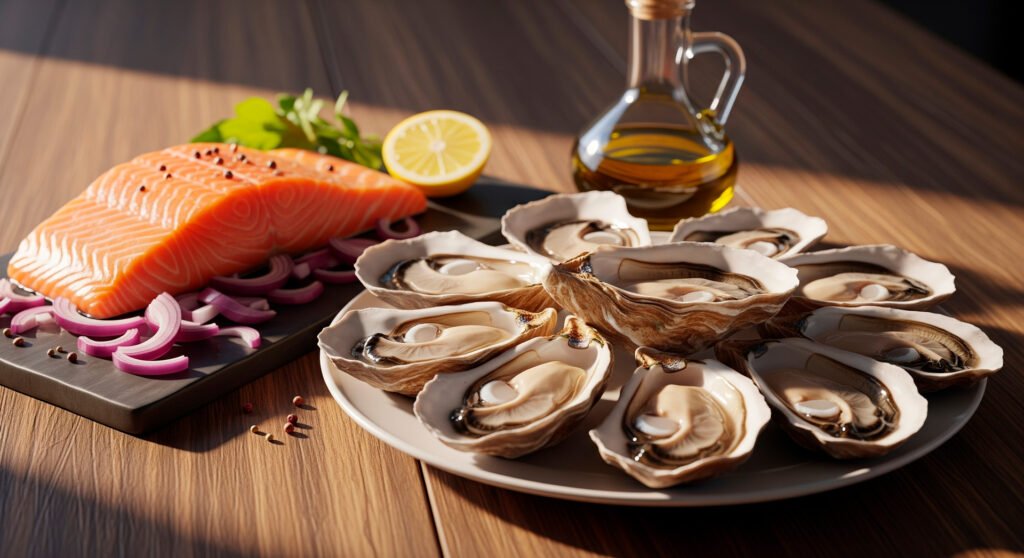 Healthy foods arranged on table showing natural ways to increase testosterone through nutrition