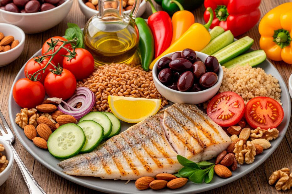 Natural weight loss Mediterranean diet foods arranged on wooden table with fresh vegetables olive oil