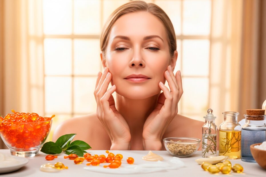 Woman demonstrating natural wrinkle treatments results with healthy glowing skin in spa setting