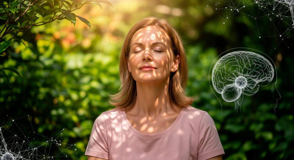 Person practicing meditation to support neurological disorders management through natural wellness