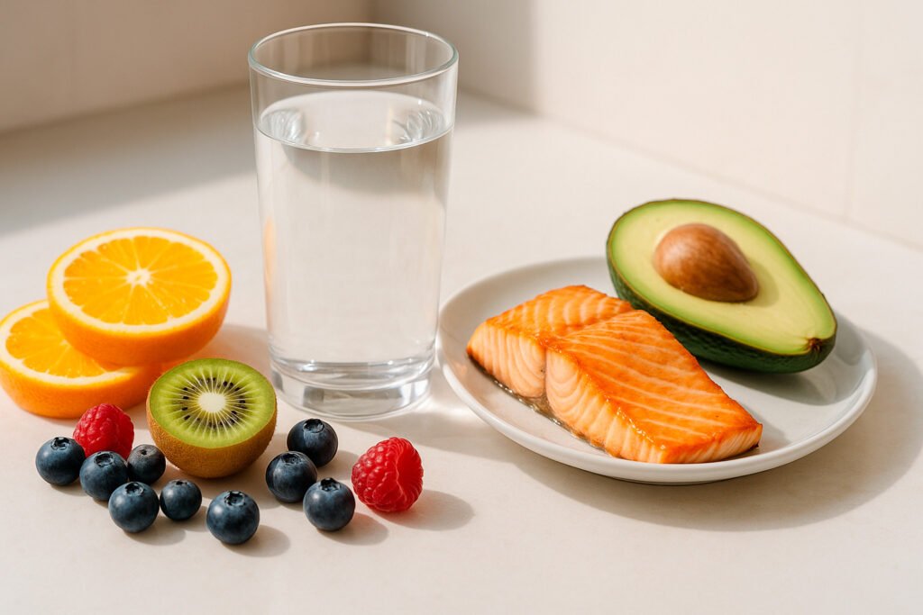 Nutritional support for healthy skin including water omega-3 foods avocado salmon hydration diet
