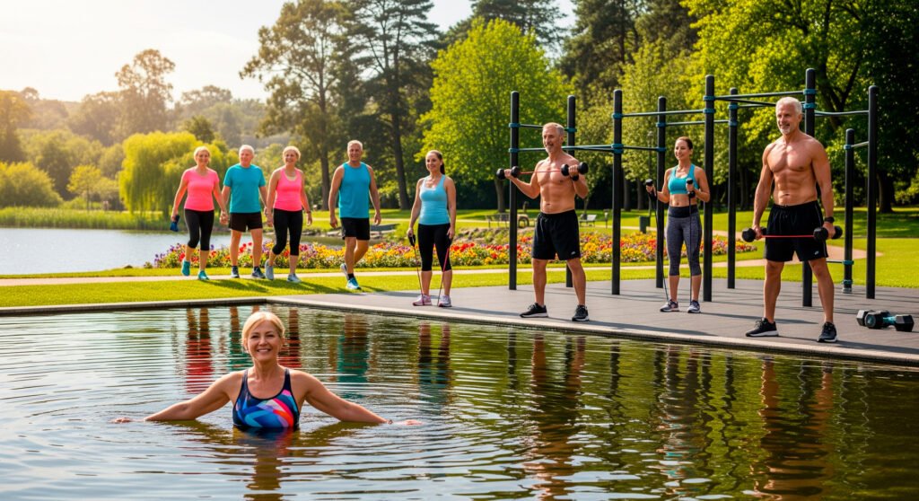 Middle-aged adults doing physical activity including walking, swimming, and strength training for joint health