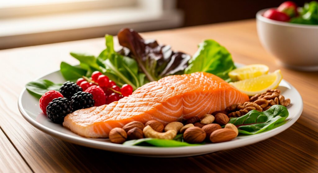 Colorful plate of healing foods including salmon and vegetables for post illness recovery