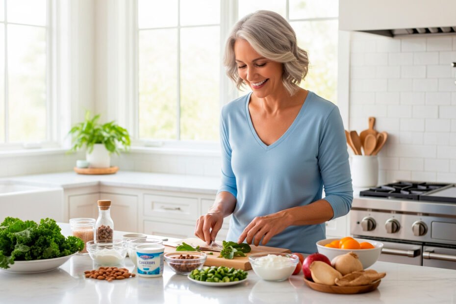 Confident woman preparing nutritious meal supporting postmenopause health with calcium-rich foods in modern kitchen