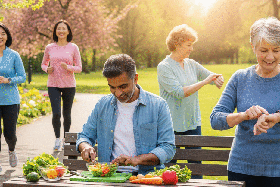 Diverse adults learning natural ways to prevent heart disease through healthy lifestyle choices and exercise