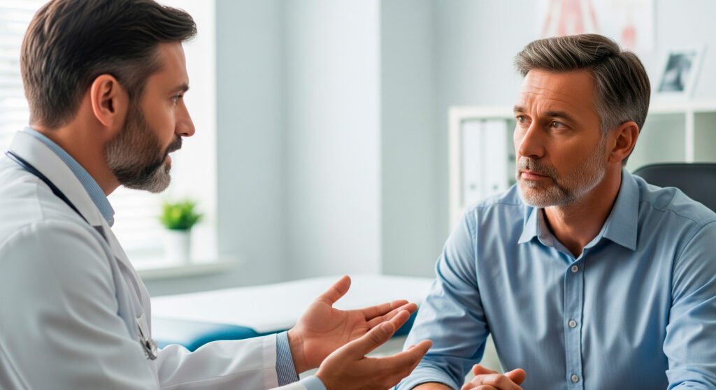 Doctor educating patient about screening methods to prevent problems with prostate health