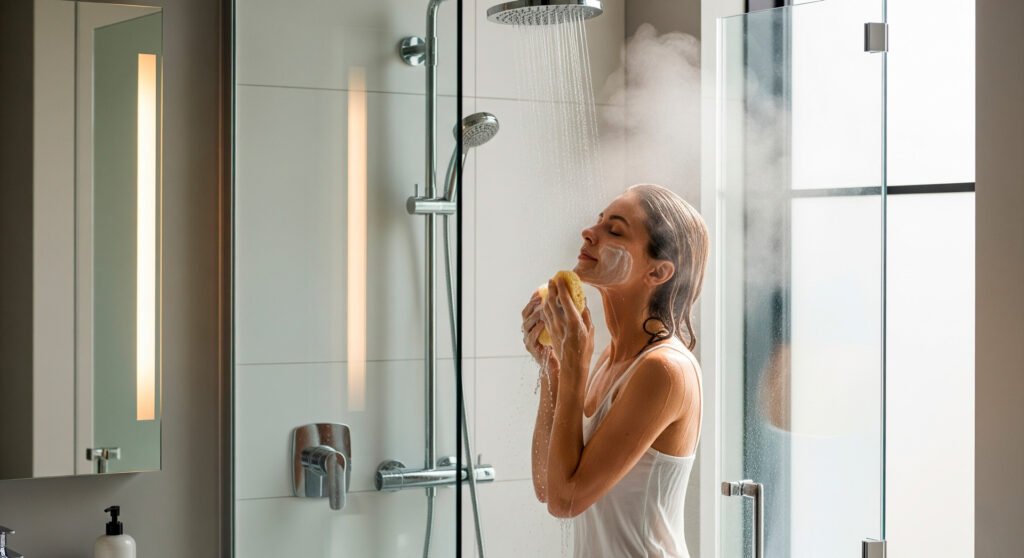 Proper shower routine for dry skin showing lukewarm water temperature and gentle cleansing habits