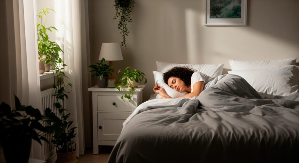 Peaceful bedroom environment promoting quality sleep and rest for natural stress recovery and healing