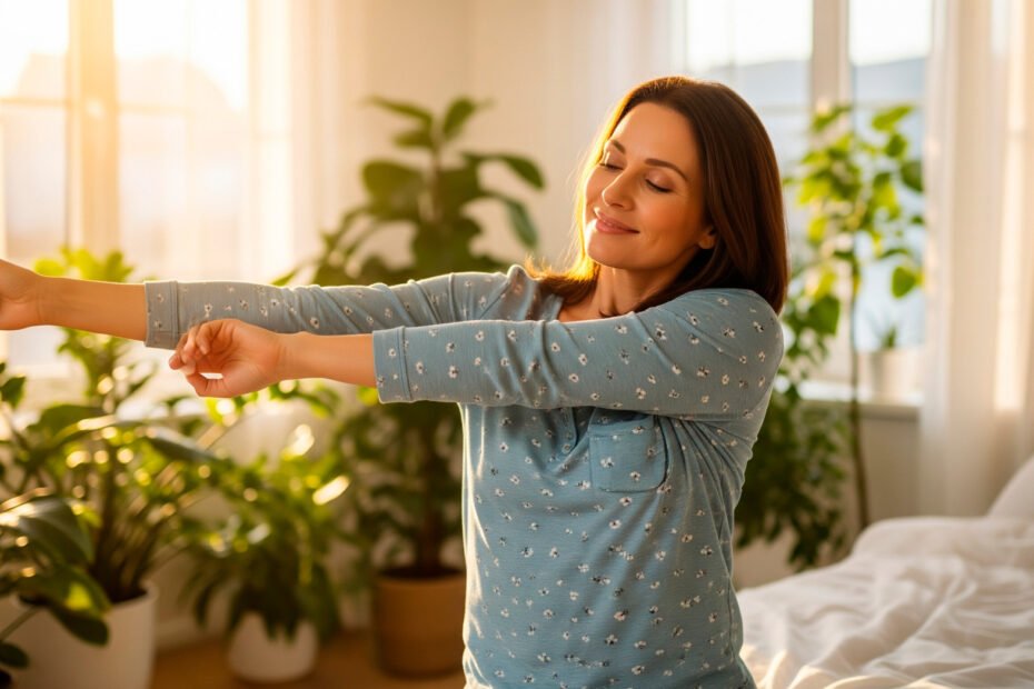 Woman demonstrating recovery after illness through gentle morning stretching in bright bedroom