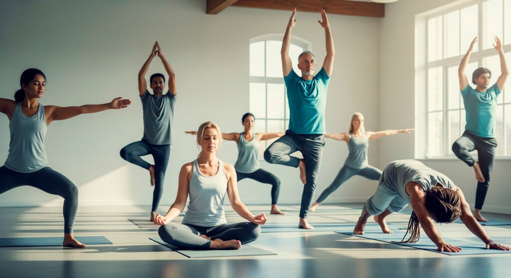 Adults learning exercises to reduce anxiety through yoga practice in bright studio