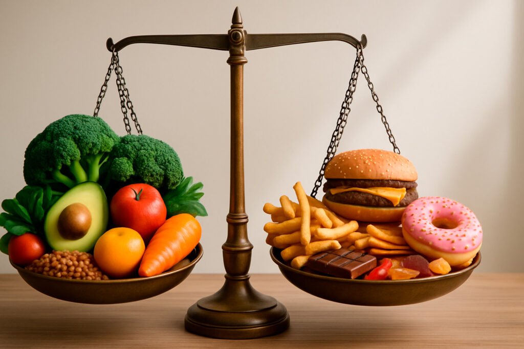 Balanced scale with whole foods versus processed foods showing how to restore gut balance through diet