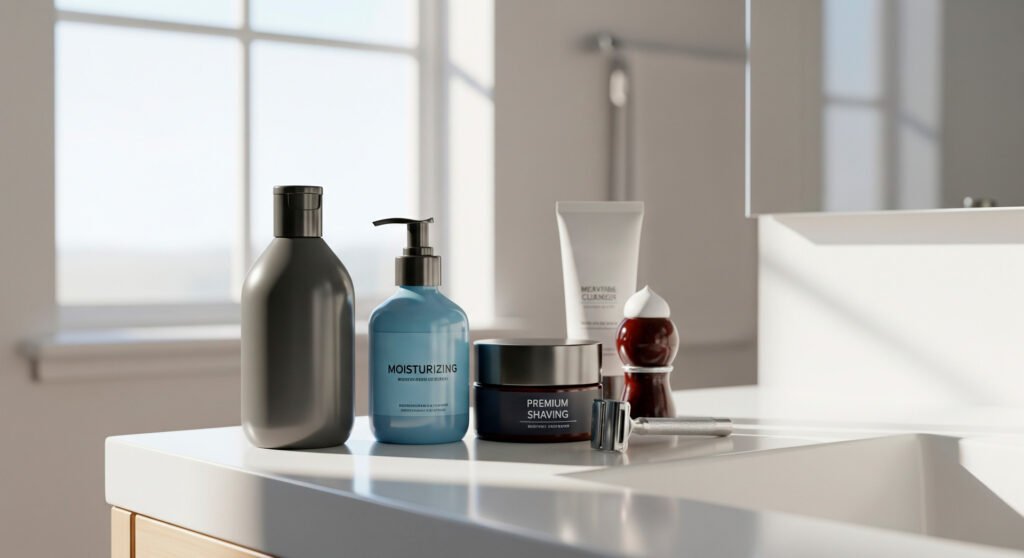 Complete skincare routine products for men arranged on clean bathroom counter top