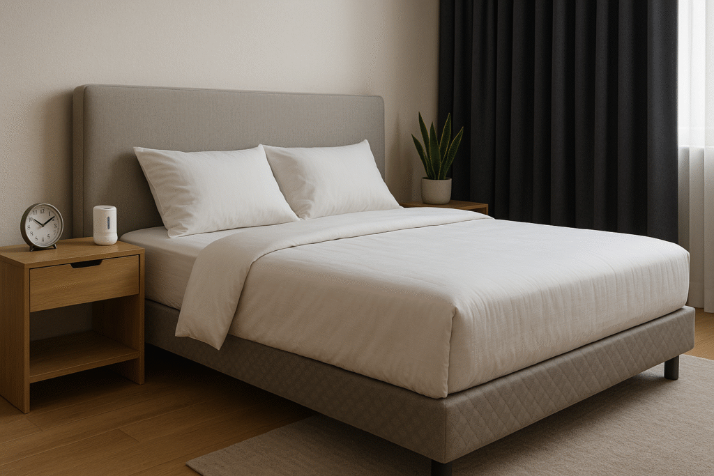 Organized bedroom showcasing proper sleep hygiene setup with blackout curtains and comfortable bedding