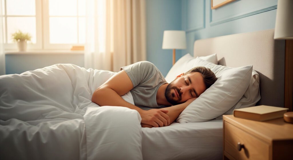 Man sleeping peacefully demonstrating sleep quality importance for hormone balance and testosterone