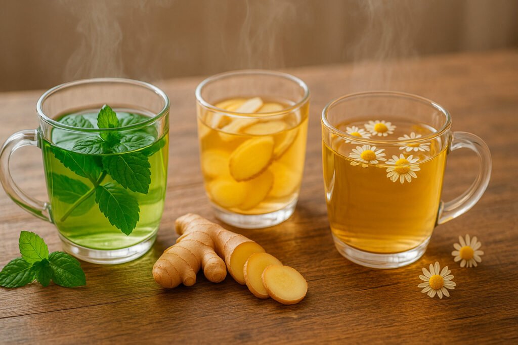 Herbal teas for stomach bloating relief including peppermint ginger chamomile on wooden table