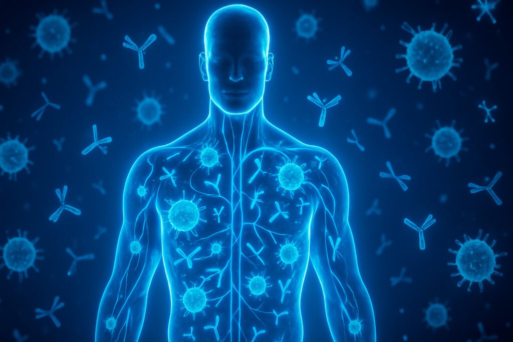 Human body silhouette showing immune system cells demonstrating how to strengthen immune system naturally