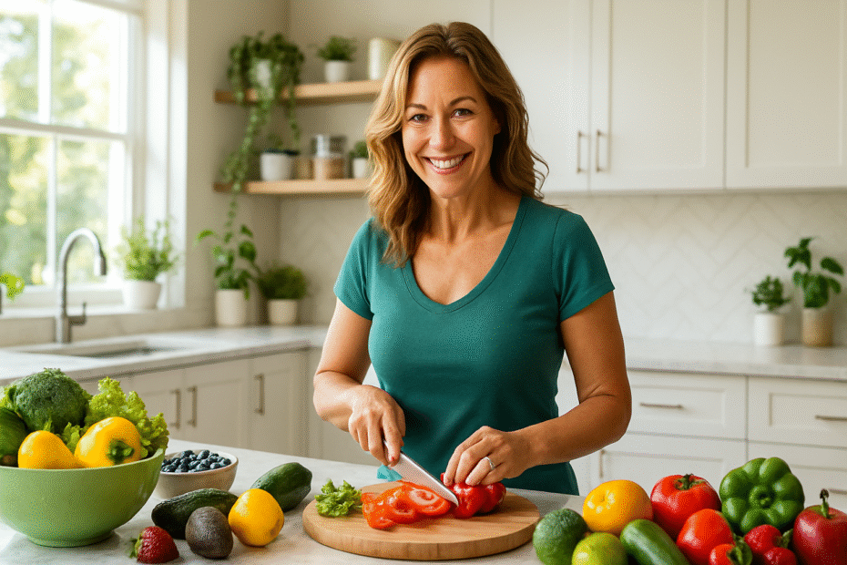Woman preparing healthy foods showing how to strengthen immune system naturally through nutrition