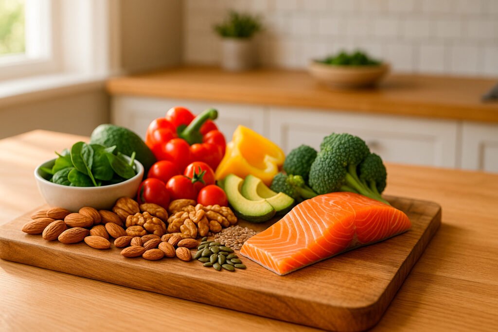 Healthy foods to strengthen immune system including vegetables salmon nuts on cutting board