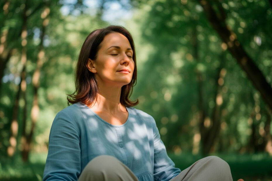 Woman practicing stress management through meditation in peaceful natural outdoor setting