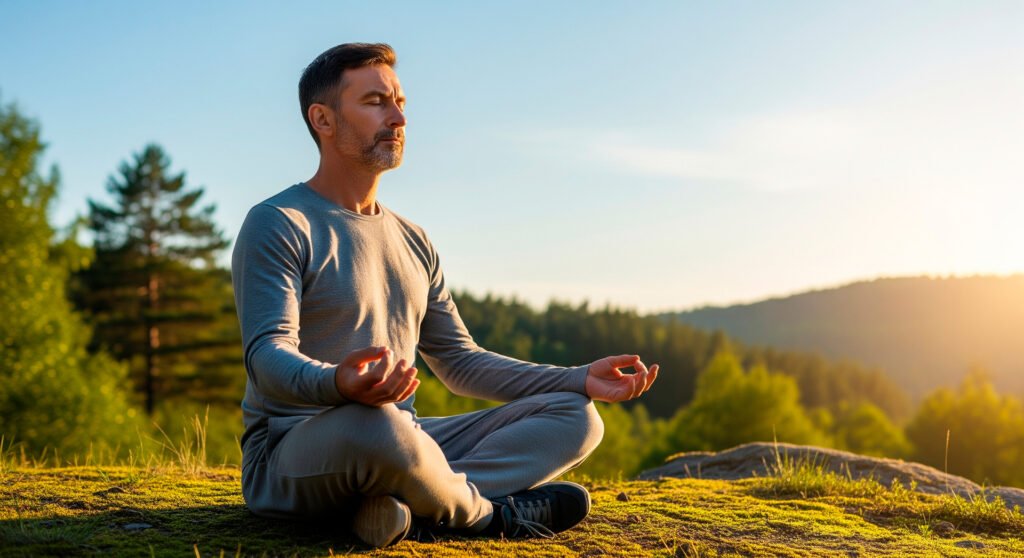 Man meditating outdoors practicing stress management techniques for healthy testosterone level