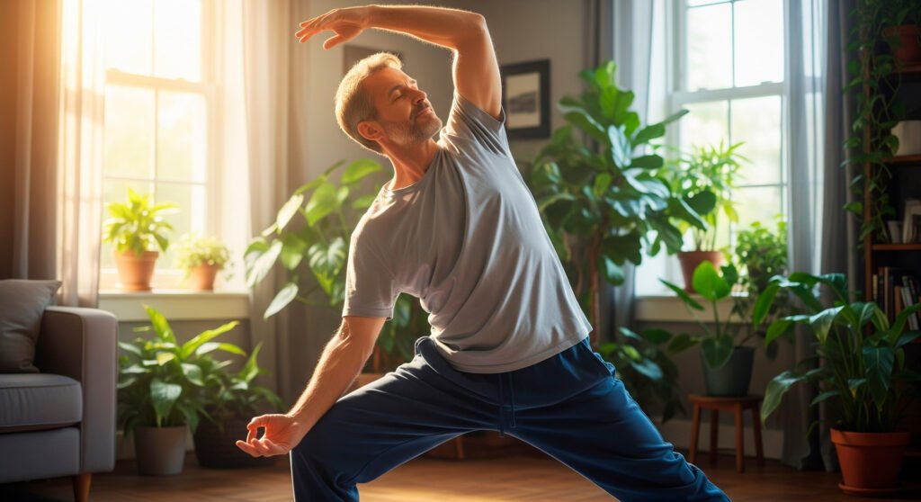 Person practicing yoga for stress management and improved digestive relief naturally