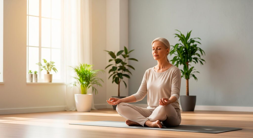 Woman practicing stress management through yoga meditation for natural hormone balance and wellness support