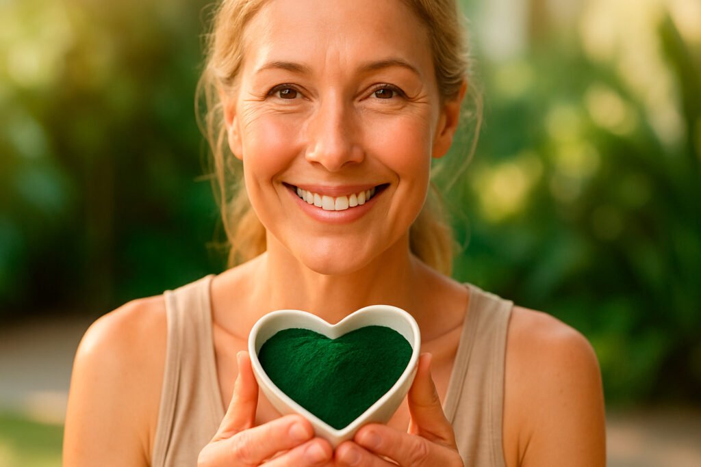 Woman with spirulina powder to boost heart health