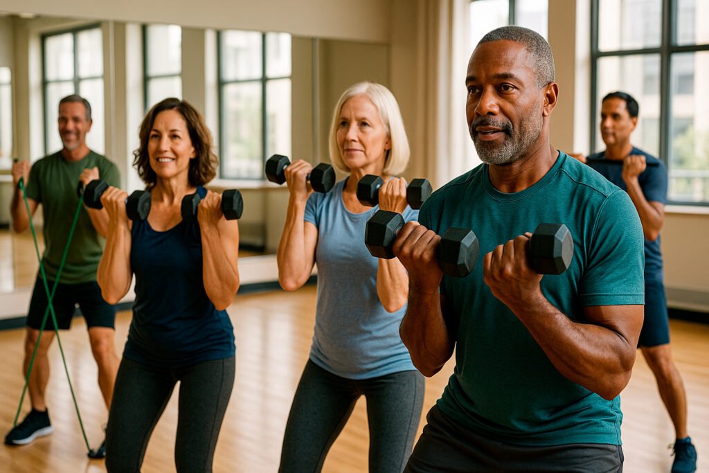 Diverse mature adults working together to build muscle mass in community fitness class setting