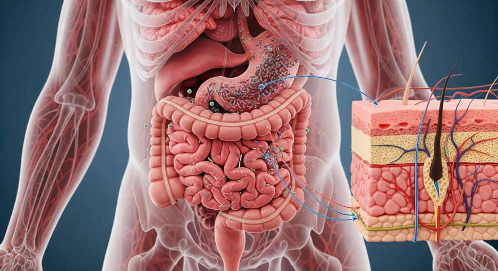 Digestive health diagram showing gut microbiome connection to skin health and wellness
