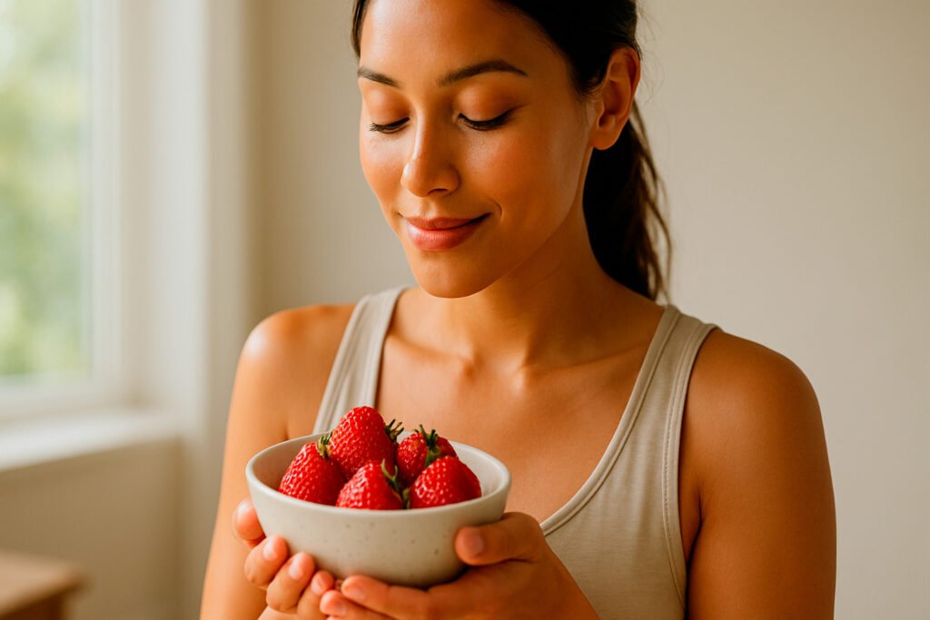 Person with radiant skin holding strawberries to enhance skin health