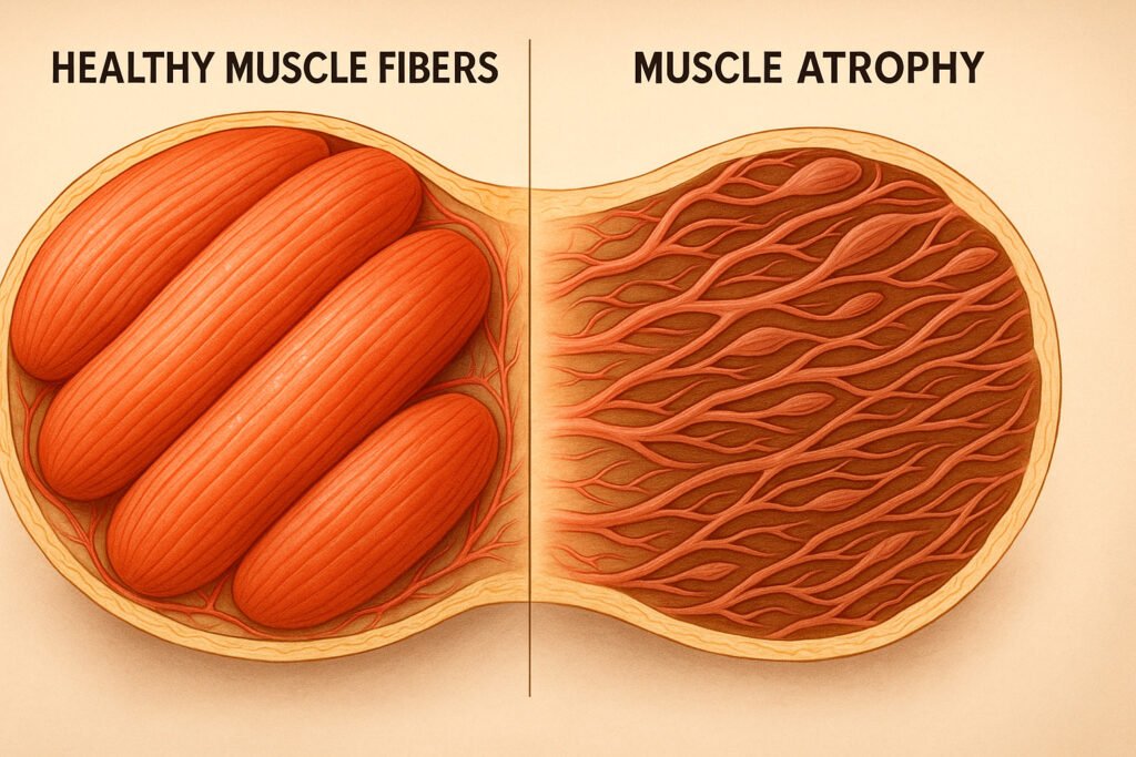 Medical illustration comparing healthy muscle tissue with muscle atrophy effects showing cellular differences