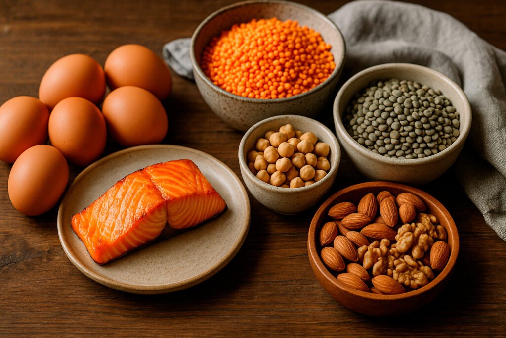 Protein-rich foods including salmon eggs and nuts arranged to support muscle health and strength