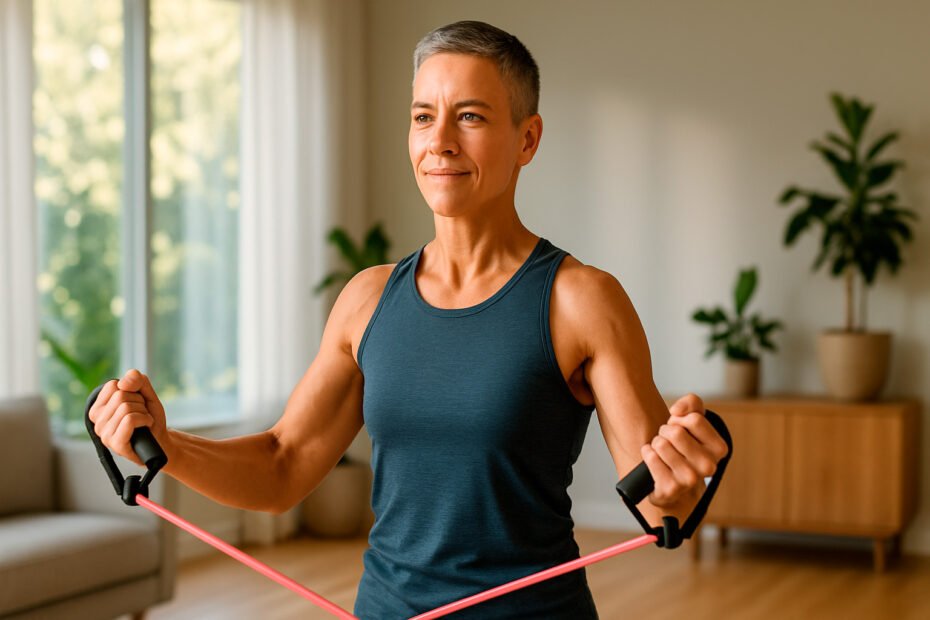 Mature adult demonstrating muscle loss prevention exercises with resistance bands in home gym setting