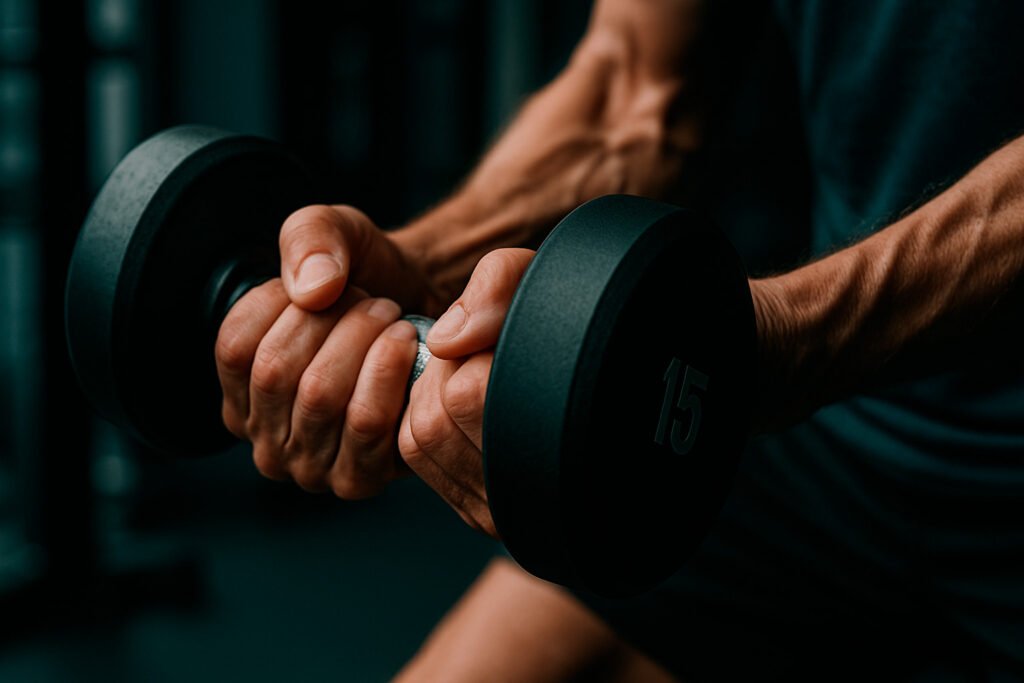 Strong hands gripping weights showing overcoming muscle weakness through consistent strength training