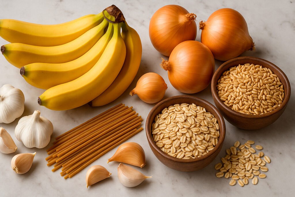 High-fiber prebiotic foods including bananas and garlic supporting gut health naturally