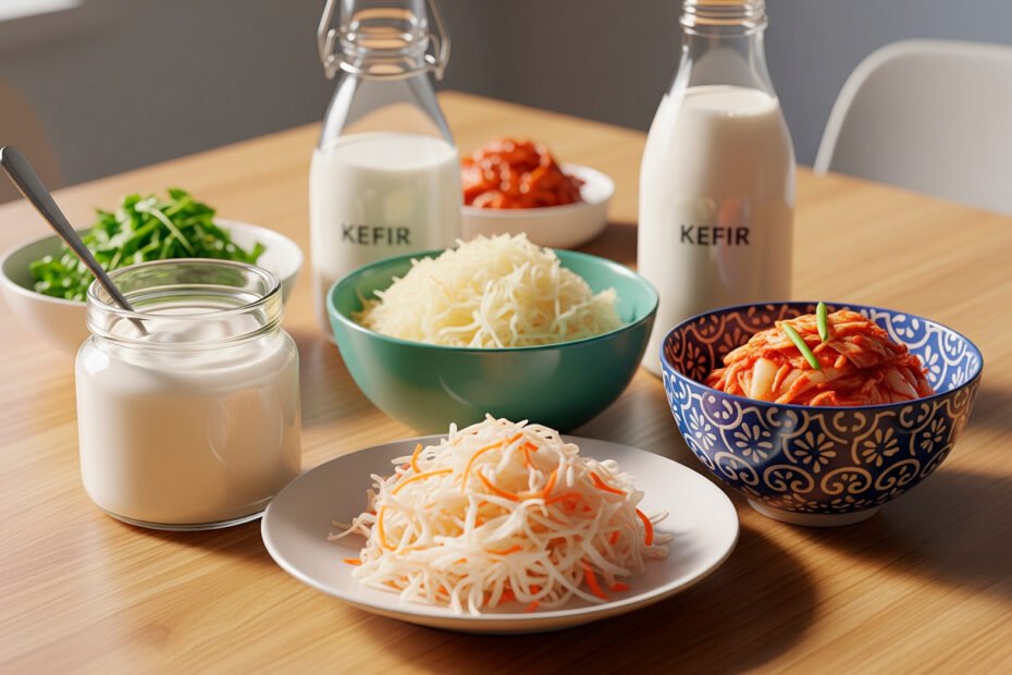 Probiotics guide showing fermented foods like yogurt and sauerkraut on wooden table for gut health