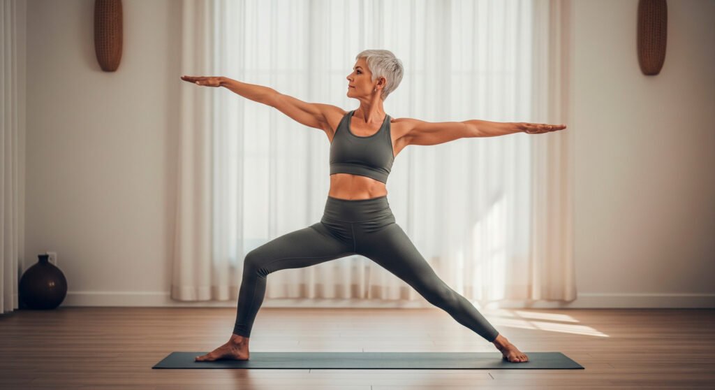 Active older adult doing yoga to promote bone health with magnesium